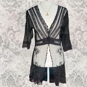 Black Sheer Vintage Lace Mesh Whimsigoth Boho Cowgirl Women’s Small Duster